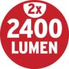 Na czerwonym kole widnieje białym pismem '2x 2400 lumenów'.