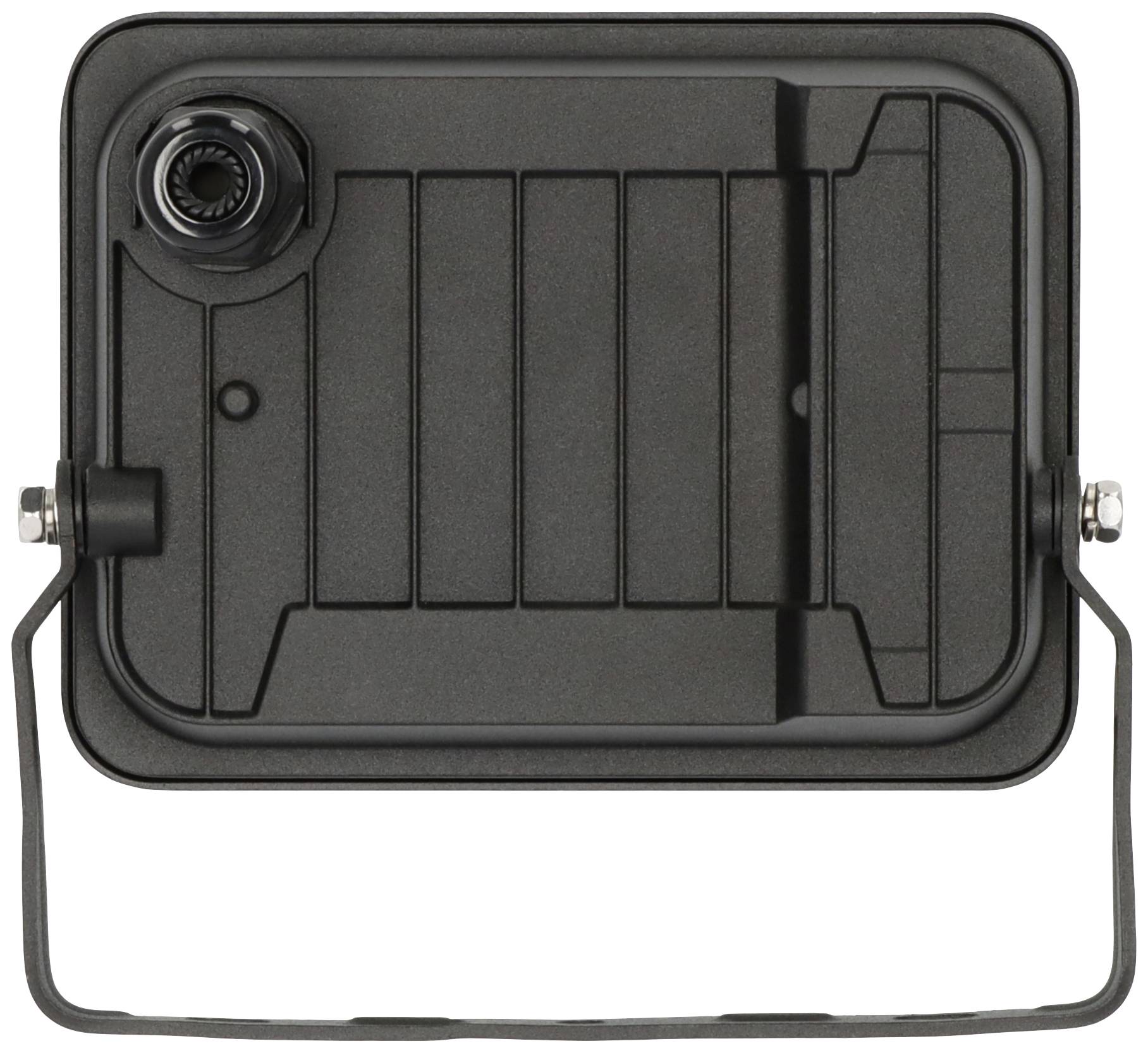 Prostokątny czarny naświetlacz LED do użytku zewnętrznego z uchwytem, wykonany z wytrzymałego materiału. Odpowiedni do oświetlania przestrzeni na zewnątrz.