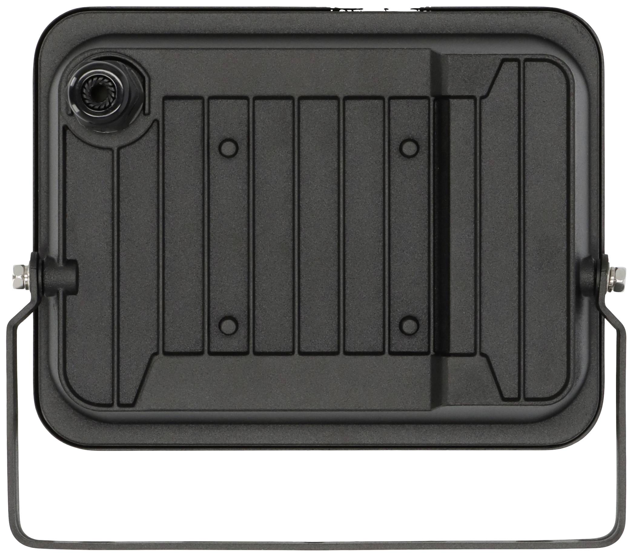 Czarny prostokątny reflektor widziany z góry, z uchwytem i przyłączem kablowym w lewym górnym rogu.