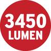 Czerwone koło z białym tekstem '3450 lumenów', wskazujące jasność światła.