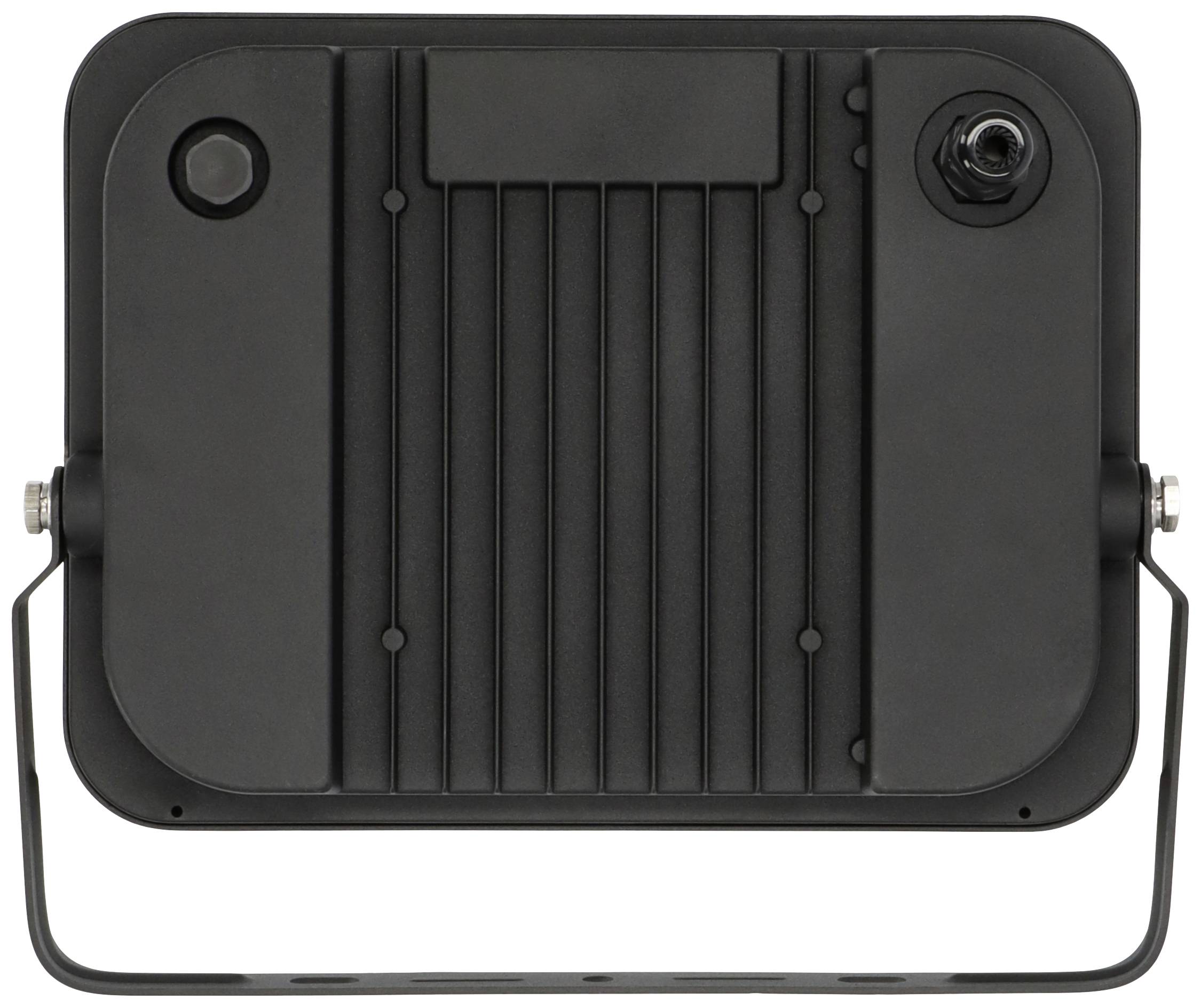 Prostokątny czarny reflektor LED, widziany od tyłu, ukazujący żeberka chłodzące i mocowanie.