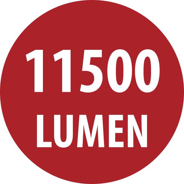 Czerwona okrągła etykieta z białym tekstem mówiącym „1150 LUMEN".