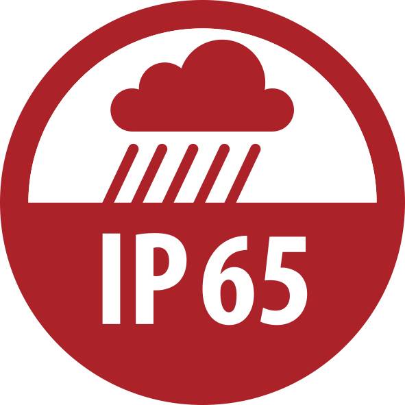 Czerwona ikona IP65 z chmurą i deszczem, wskazująca na ochronę przed kurzem i wodą rozpylaną.