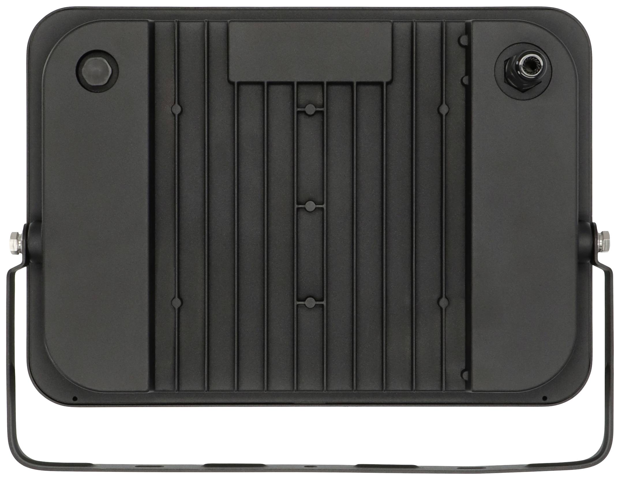 Czarny, prostokątny przedmiot z tworzywa sztucznego z pionowymi rowkami i okrągłym złączem w prawym górnym rogu, z hakami po bokach.