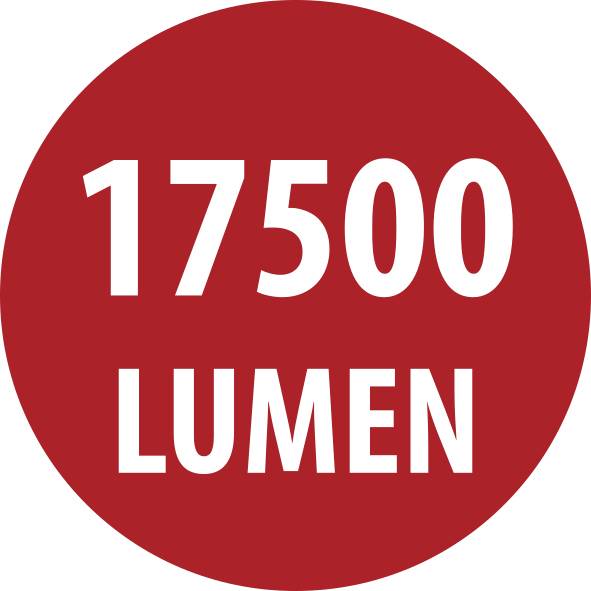 Czerwona okrągła etykieta z białym tekstem "1750 LUMEN".