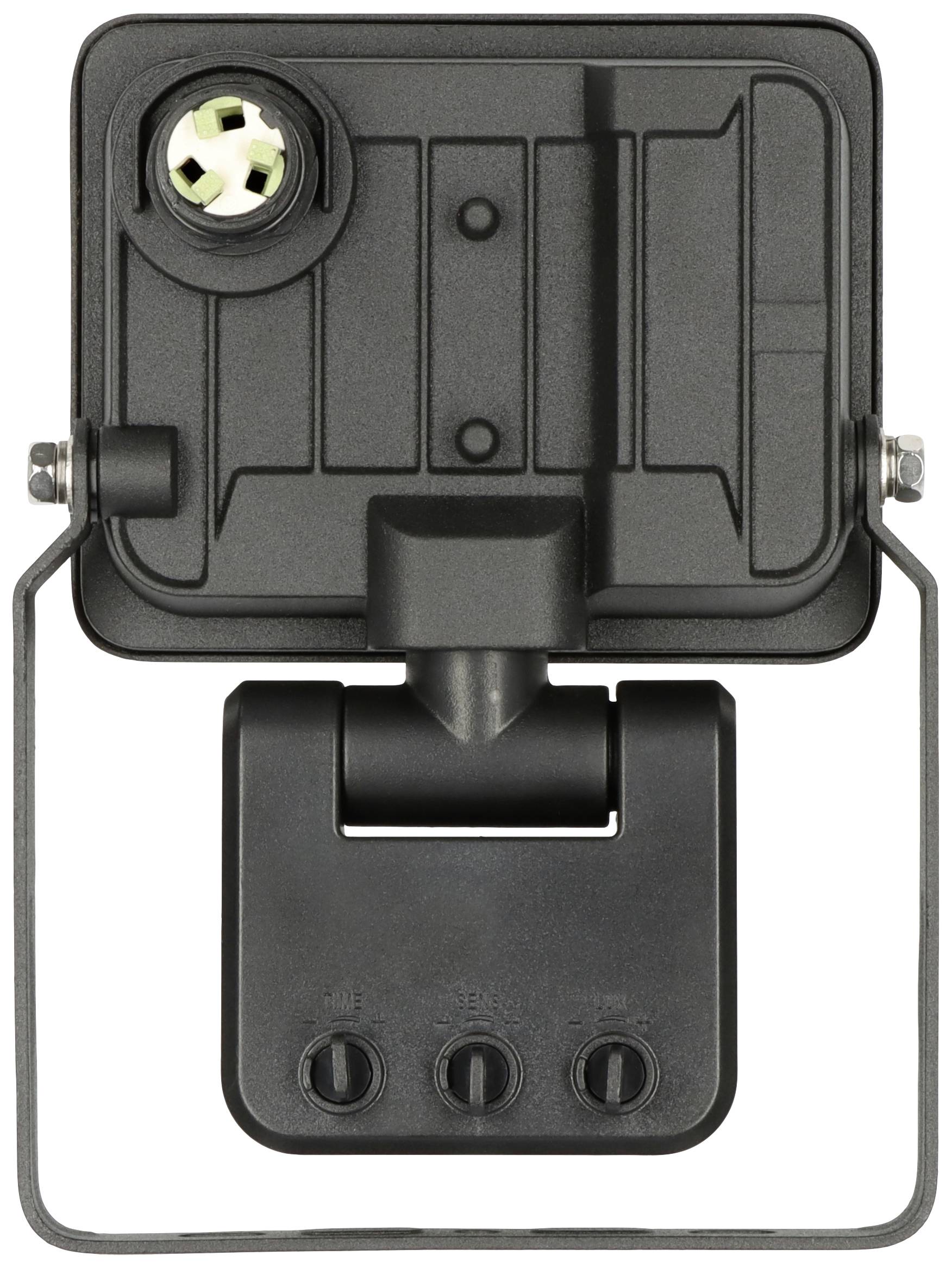 Rysunek przedstawia tylną stronę czarnego reflektora LED z uchwytem. Widoczne są fragmenty śrub mocujących.