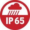 Czerwony symbol z chmurą i deszczem, pod którym widnieje napis 'IP 65'. Oznacza, że urządzenie jest chronione przed kurzem i silnym strumieniem wody.