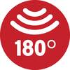 Białe fale dźwiękowe i liczba '180°' na czerwonym kole, symbolizujące zasięg dźwięku lub zakres słyszalności 180 stopni.