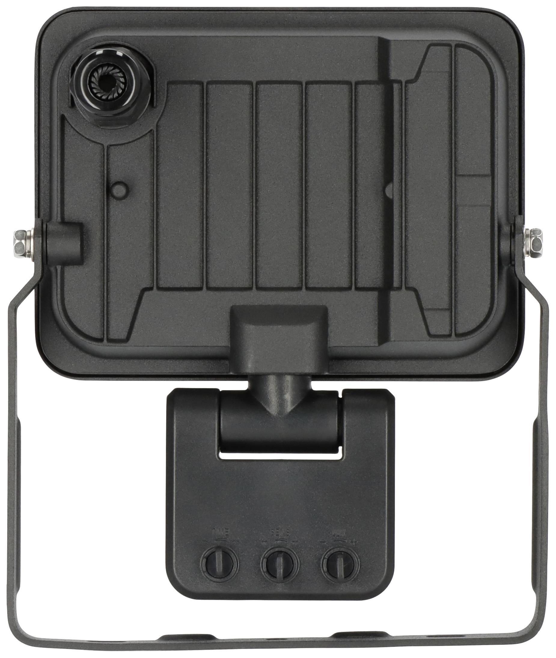 Czarny prostokątny reflektor LED z regulowanym uchwytem i przepustem kablowym od góry, pokazany z widoku tylnego.