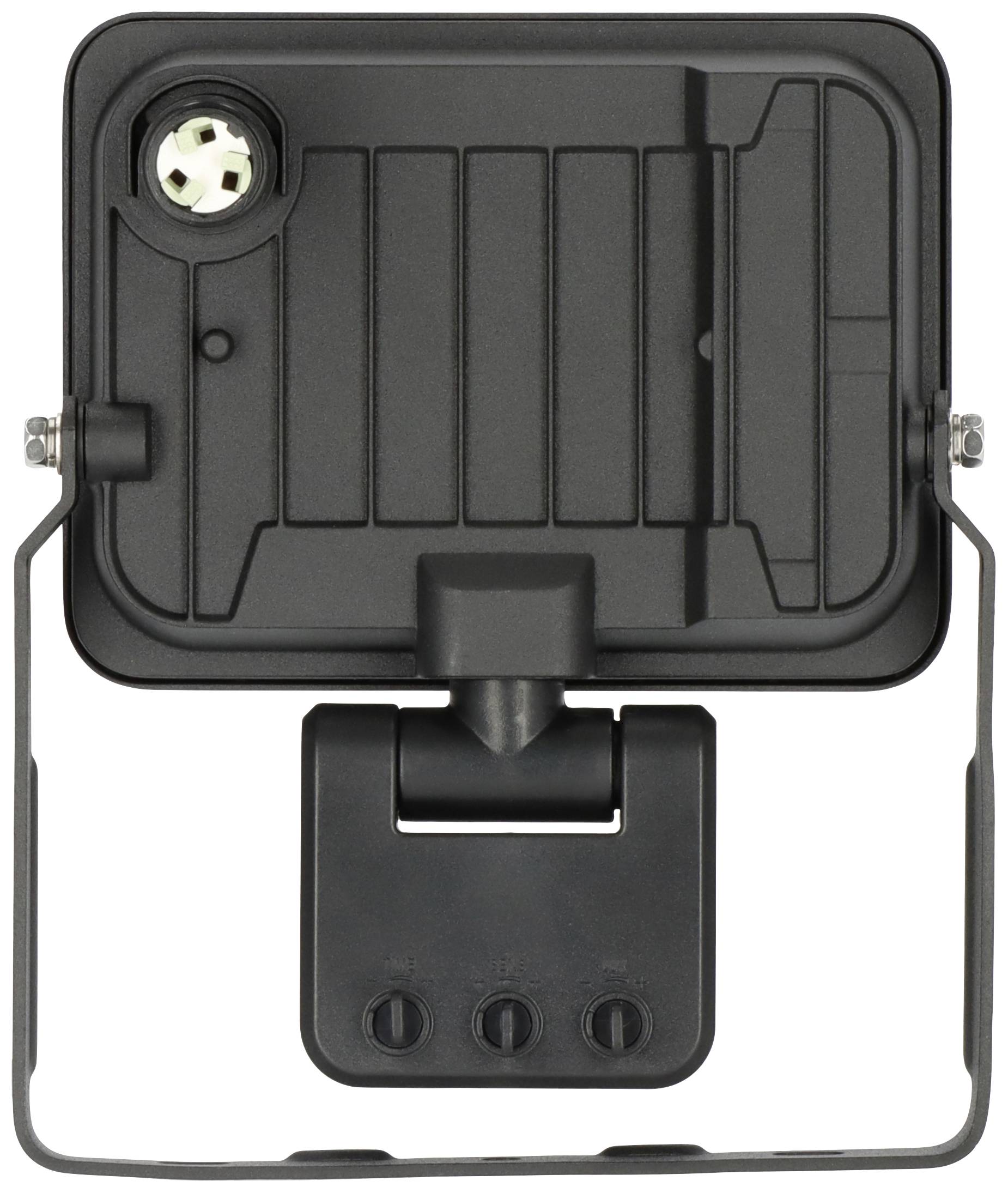 Czarny reflektor LED z regulowanym uchwytem, odpowiedni do oświetlenia zewnętrznego. Widok z tyłu przedstawia przyłącze i uchwyt montażowy.