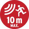 Czerwony symbol z postacią w ruchu i falami sygnałowymi. Poniżej widnieje napis '10 m MAX.', wskazujący maksymalny dystans 10 metrów.