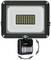 Naświetlacz LED z czujnikiem ruchu, prostokątny, czarny, przedstawiający tablicę diod LED pośrodku i obrotowy czujnik poniżej.