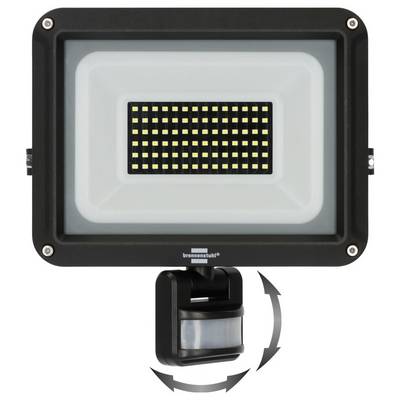 Reflektor LED z czujnikiem ruchu poniżej, pokazany ze zakrzywionymi strzałkami wskazującymi na możliwość regulacji nachylenia i obrotu.