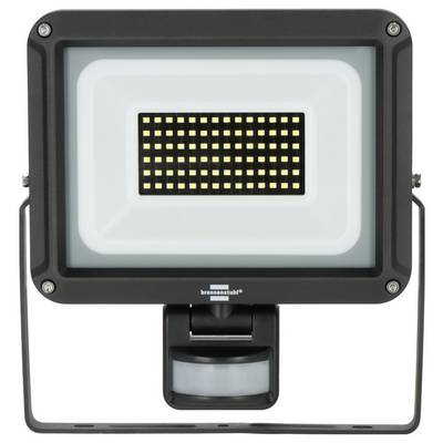 Czarna prostokątna lampa LED do oświetlania halogenowego z czujnikiem ruchu i uchwytem montażowym, widok z przodu na białym tle.