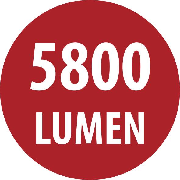 Czerwona okrągła etykieta z białym napisem „5800 LUMEN".