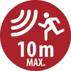 Okrągły czerwony znak ostrzegawczy z falami dźwiękowymi i ikoną biegnącej osoby, oznaczony '10m MAX.' wskazujący maksymalną odległość lub zasięg.