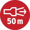 Czerwona tarcza ze białym symbolem wjazdu w prawo i napisem '50 m', wskazująca zmianę kierunku za 50 metrów.