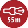 Czerwony okrągły znak drogowy pokazujący strzałkę objazdu wskazującą w prawo oraz odległość "55 m".