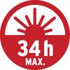 Czerwony symbol ze wschodem słońca i białym napisem '34h MAX.' poniżej.