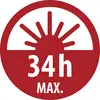 Czerwona okrągła ikona ostrzegawcza z grafiką wschodzącego słońca i tekstem „34h MAX.