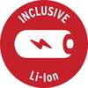 Czerwona ikona z symbolem akumulatora i piorunem. U góry napis: 'INCLUSIVE', u dołu: 'Li-Ion'. Symbolizuje zawarty akumulator litowo-jonowy.