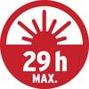 Czerwony symbol z stylizowanym słońcem nad napisem '29 h MAX.', wskazujący maksymalny czas użytkowania.
