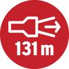 Czerwona tablica drogowa pokazuje symbol zjazdu oraz odległość '131 m' napisaną białymi literami.