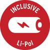 Czerwone, okrągłe logo z wyprofilowanym symbolem akumulatora i symbolem błyskawicy. Tekst: 'INCLUSIVE Li-Pol', wskazujący na zawarty akumulator litowo-polimerowy.