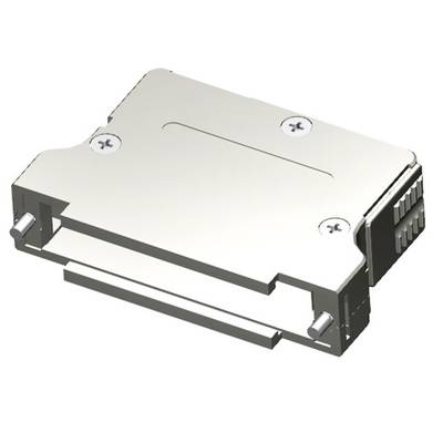 Srebrna obudowa elektroniczna w kształcie prostokąta, z dwoma śrubami na powierzchni i kilkoma złączami po prawej stronie.