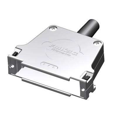 Srebrny elektryczny element o kształcie prostokąta z podłączeniem przewodu w górnym rogu, prawdopodobnie wtyczka lub adapter.