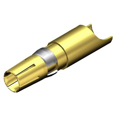 Metalowy złącz o cylindrycznym, złotym designie, prawdopodobnie przeznaczony do połączeń elektronicznych.