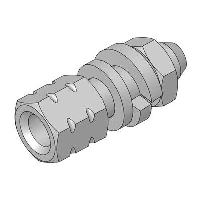 Techniczna ilustracja metalowego złącza hydraulicznego z gwintem i rowkami, stosowanego do połączeń rurowych.