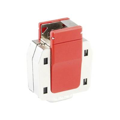 Srebrno-czerwony moduł elektryczny w kształcie prostokąta z czterema czarnymi punktami mocującymi.