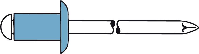 Ilustracja popnitu składającego się z dwóch części: lewej, cylindrycznej główki w kolorze niebieskim i prawego, prostego trzpienia nitującego.