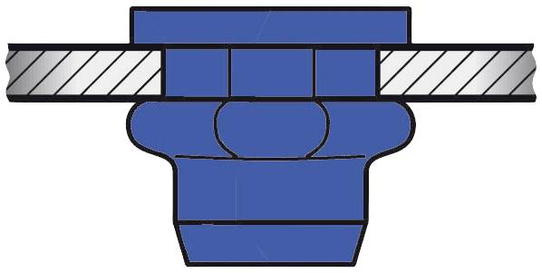 Przekrój niebieskiej uszczelki mechanicznej, zaciśniętej między dwoma płytkami metalowymi, ukazujący jej wewnętrzną strukturę i elementy mocujące.