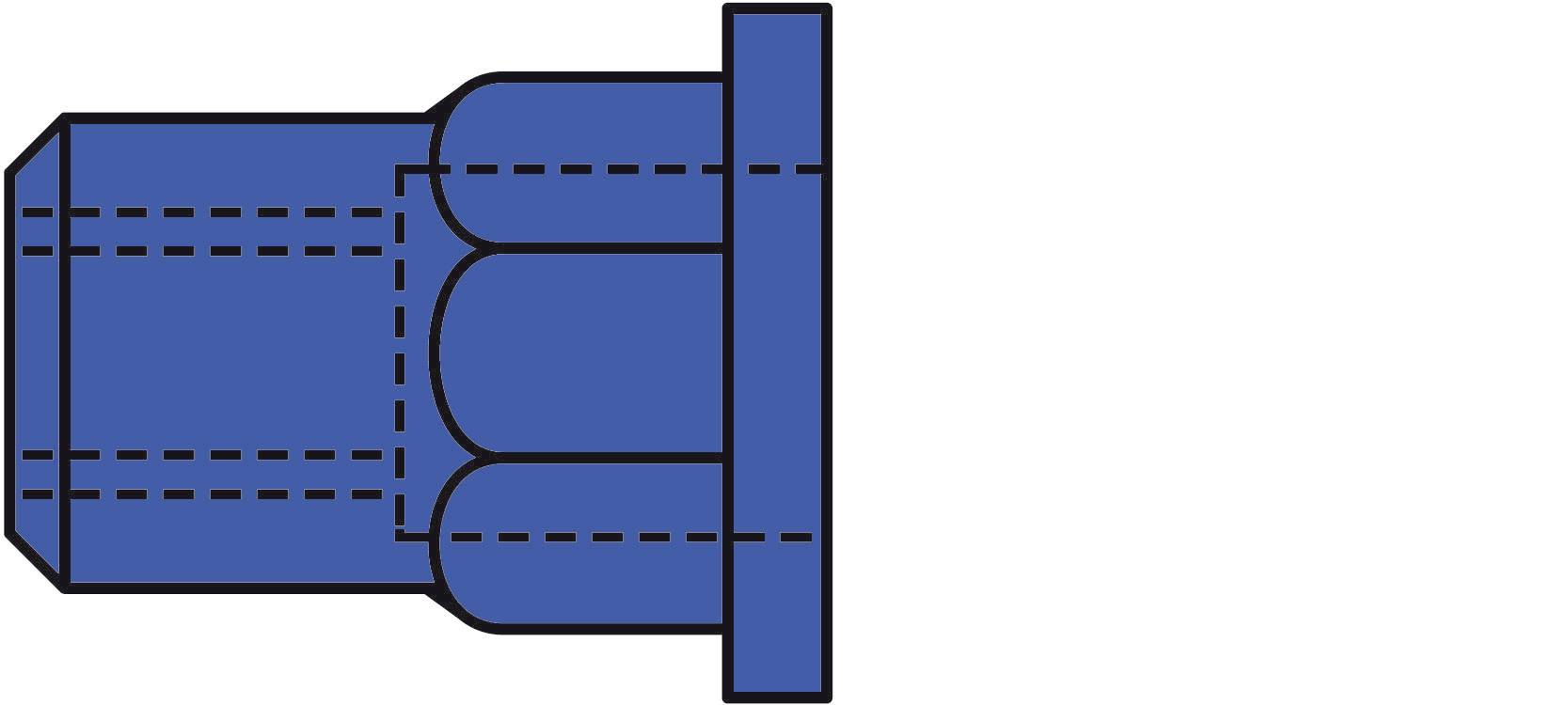 Rysunek techniczny niebieskiego złącza rurowego z wieloma uszczelnieniami i kołnierzem; przedstawia szczegóły widoku i linie przekroju.