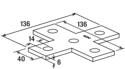Rysunek techniczny kształtownika T z blachy o wymiarach: szerokość 136 mm, długość 136 mm, wysokość 6 mm, otwory o średnicy 14 mm.
