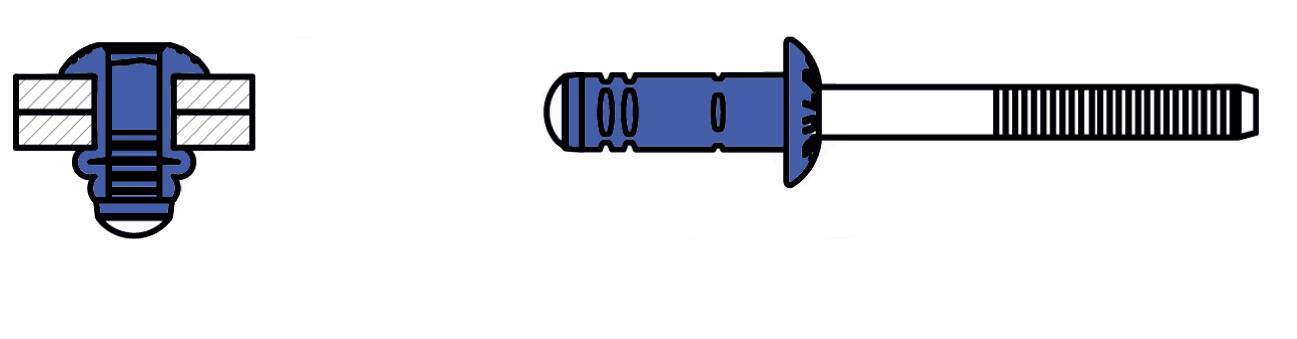Dwie techniczne rysunki ślepego nitu: po lewej stronie nit zamontowany w przekroju poprzecznym, po prawej widok z boku nitu.