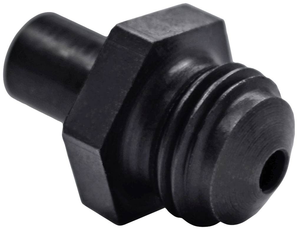 Czarny, sześciokątny adapter metalowy z cylindrycznym końcem i rowkami gwintowanymi, prawdopodobnie element systemu maszynowego lub rurowego.