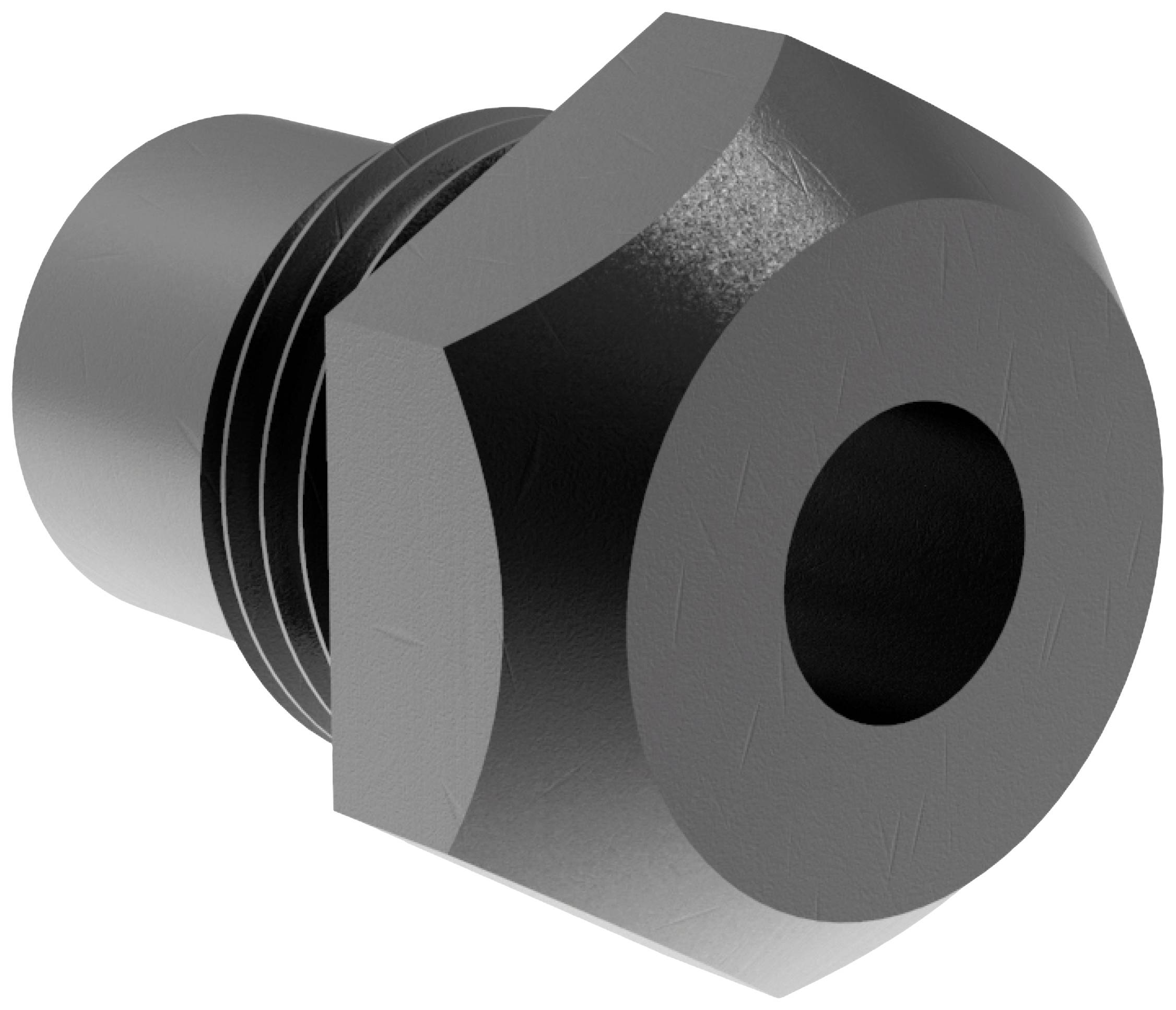 "Czarna nakrętka sześciokątna z gwintem", widok perspektywiczny. Ten element jest często stosowany w budowie maszyn.