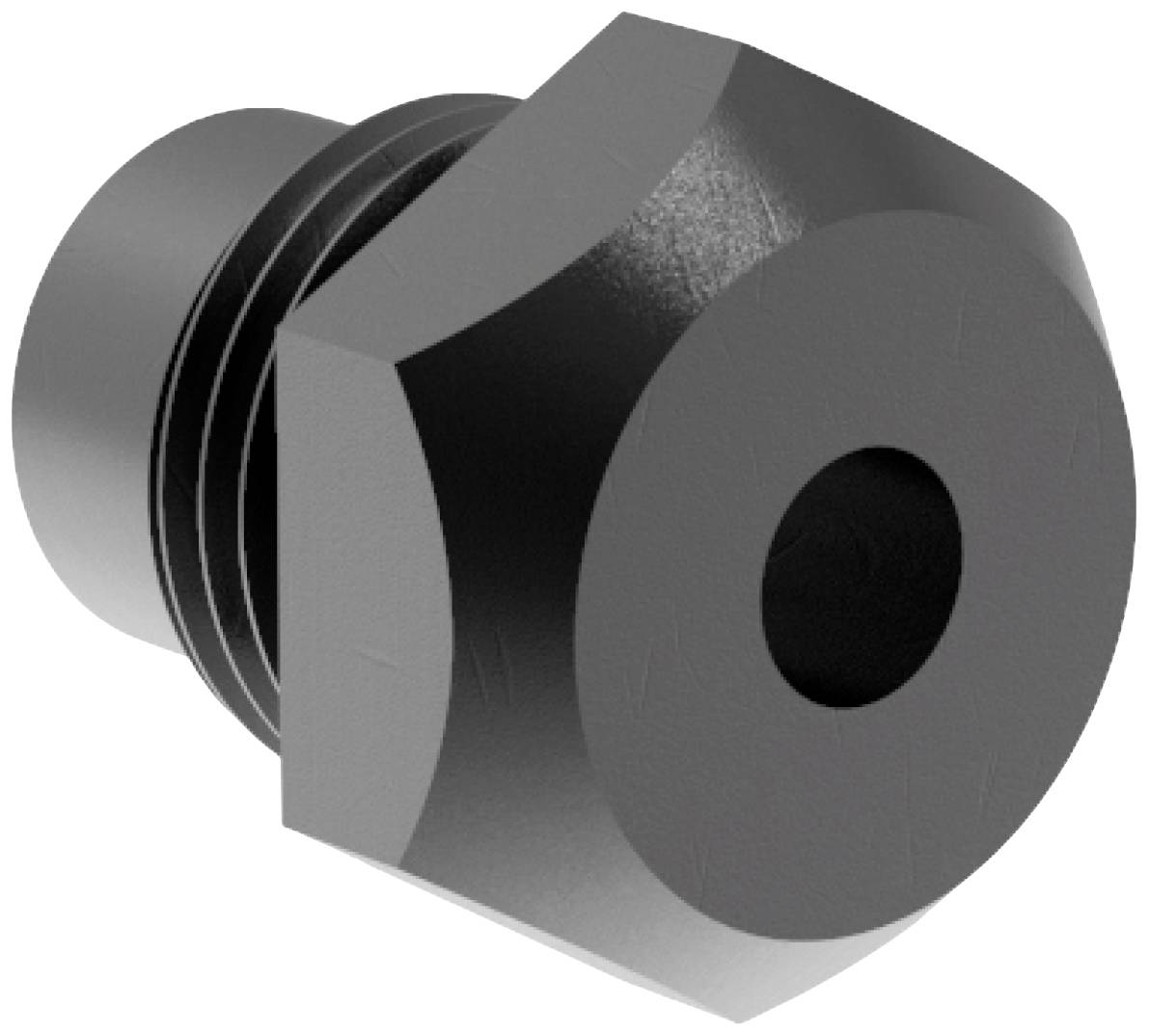 Sześciokątna nakrętka w ciemnej metalicznej kolorystyce, sfotografowana z boku, bez widocznych oznaczeń lub logotypów.