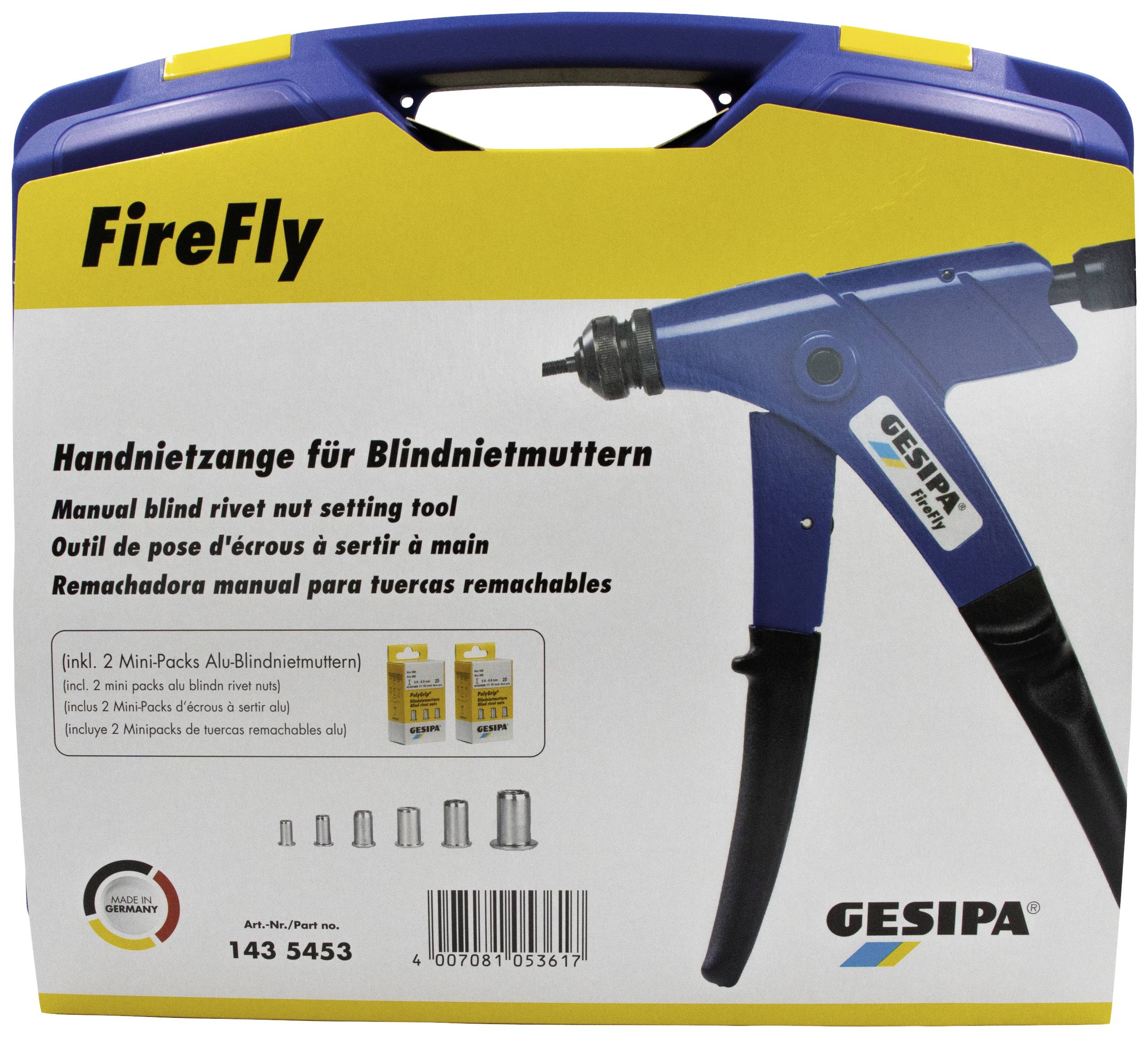 Zestaw szczypiec do nitów ślepych 'FireFly' z dwoma mini-opakowaniami aluminiowych nitów ślepych, przeznaczony do ręcznego montażu nakrętek nitowanych.