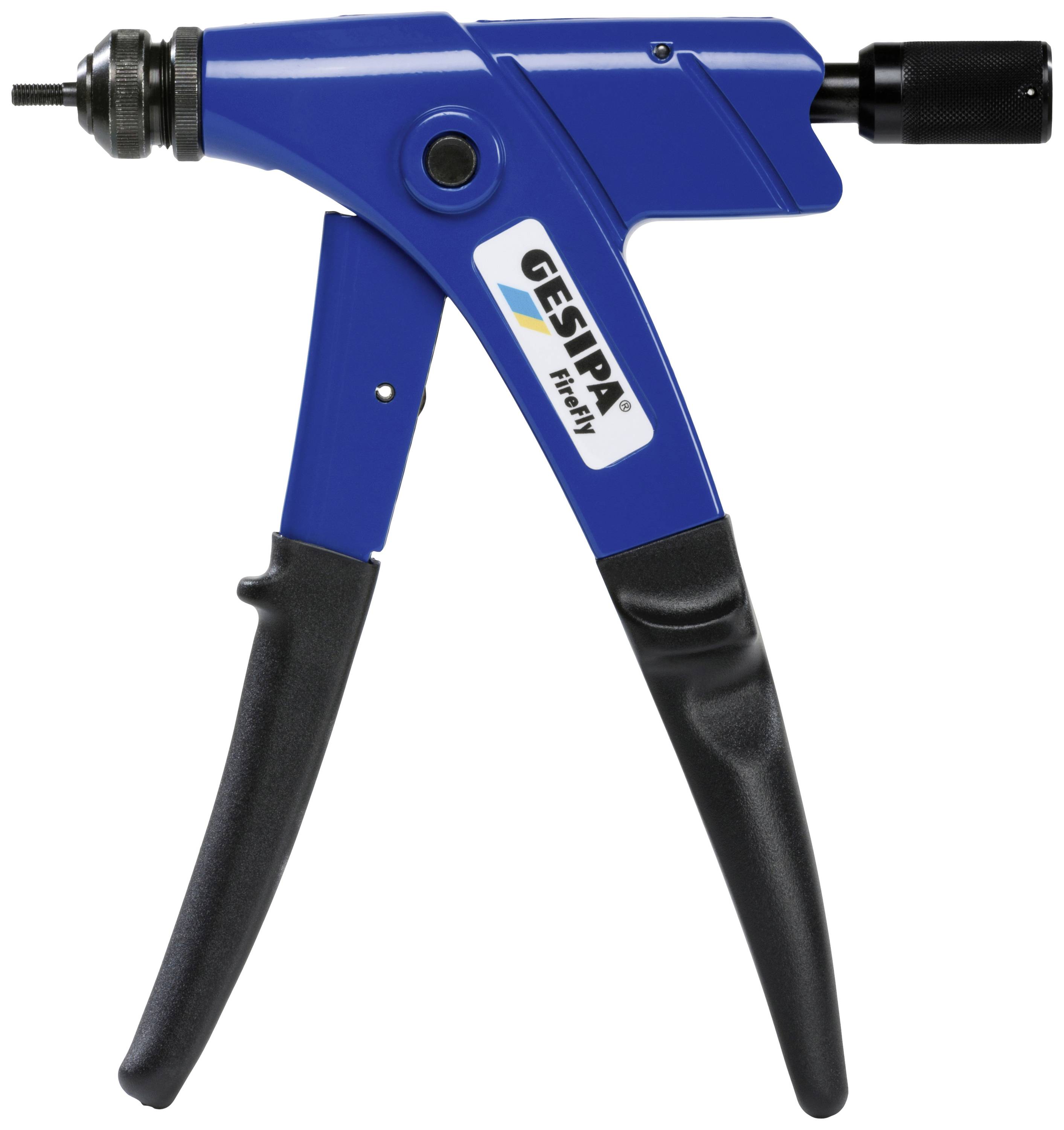 Niebieskie szczypce do nitów z czarną rączką, oznaczone jako 'GESIPA Firefly'. Używane do mocowania nitów zrywalnych w różnych materiałach.