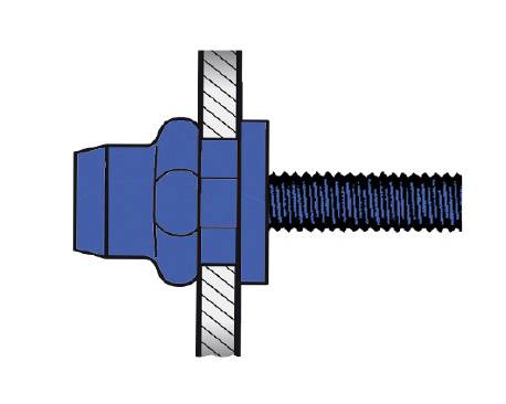 Rysunek techniczny złącza śrubowego z niebieską nakrętką i czarną śrubą. Nakrętka mocuje szary obiekt.