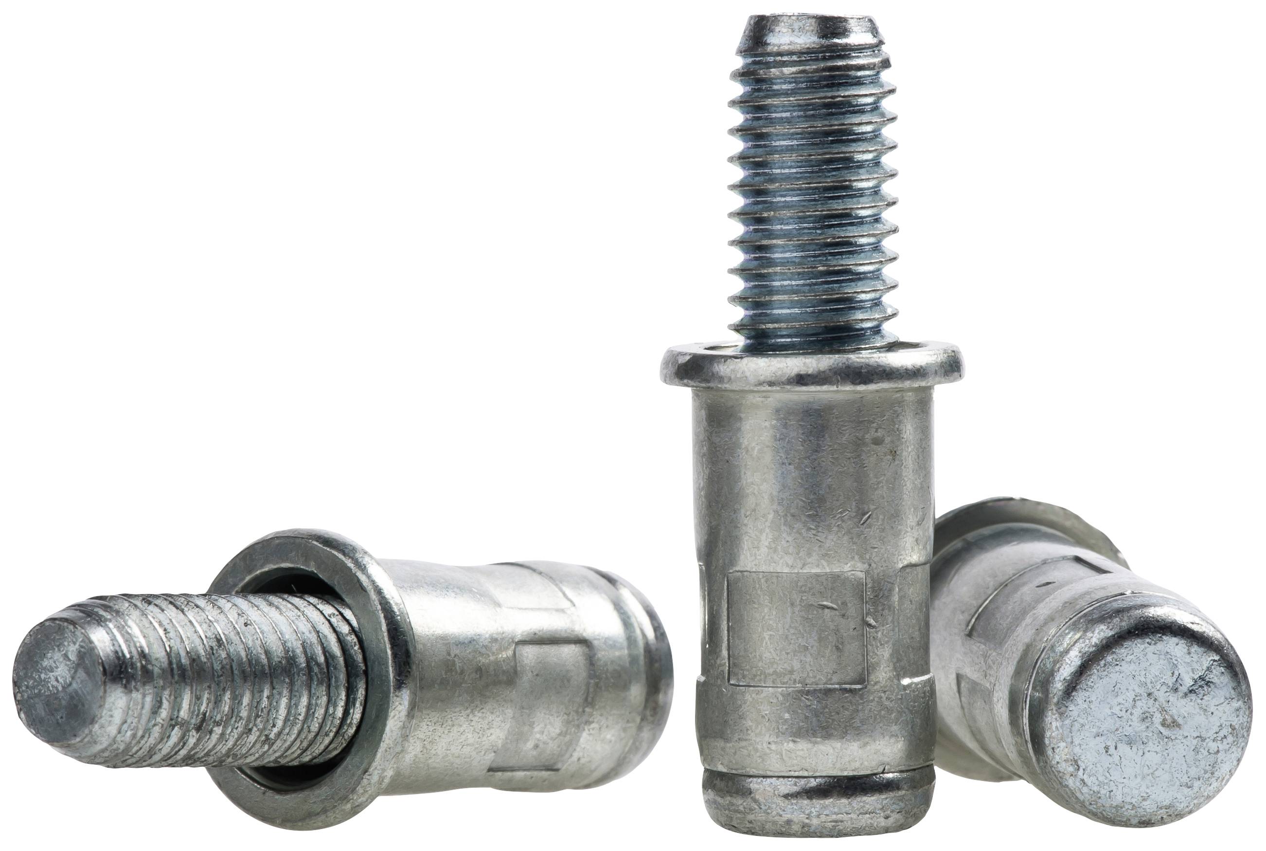 Trzy srebrne śruby o różnym nachyleniu na białym tle, jedna w pozycji pionowej, dwie poziome, ukazujące gwint i gładkie trzpienie.