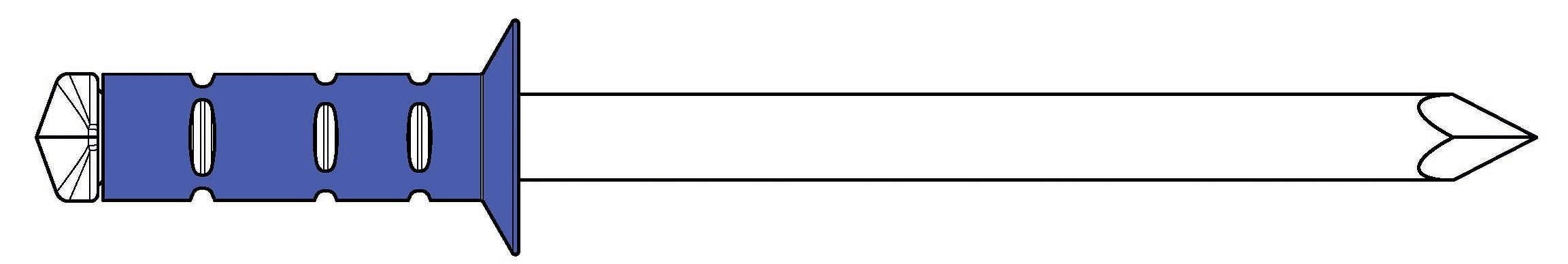 Ilustracja gwoździa płaskiego z niebieskim uchwytem z tworzywa sztucznego, szeroką podkładką i ostro zakończonym metalowym grotem.