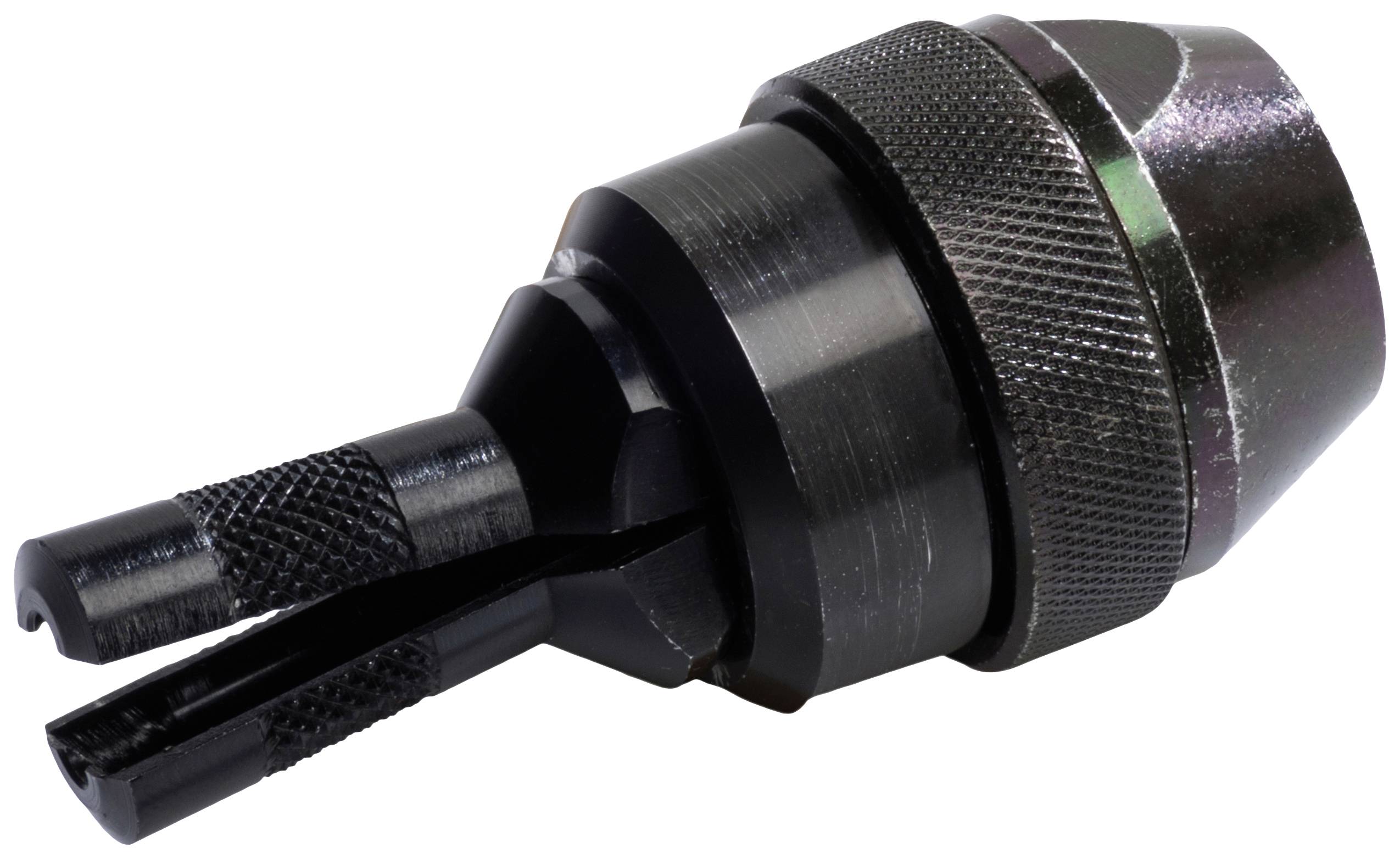 Metalowe narzędzie tnące, prawdopodobnie gratownik lub frez, z ząbkowanym uchwytem i obrotowymi ostrzami, przeznaczone do precyzyjnego wiercenia lub frezowania.