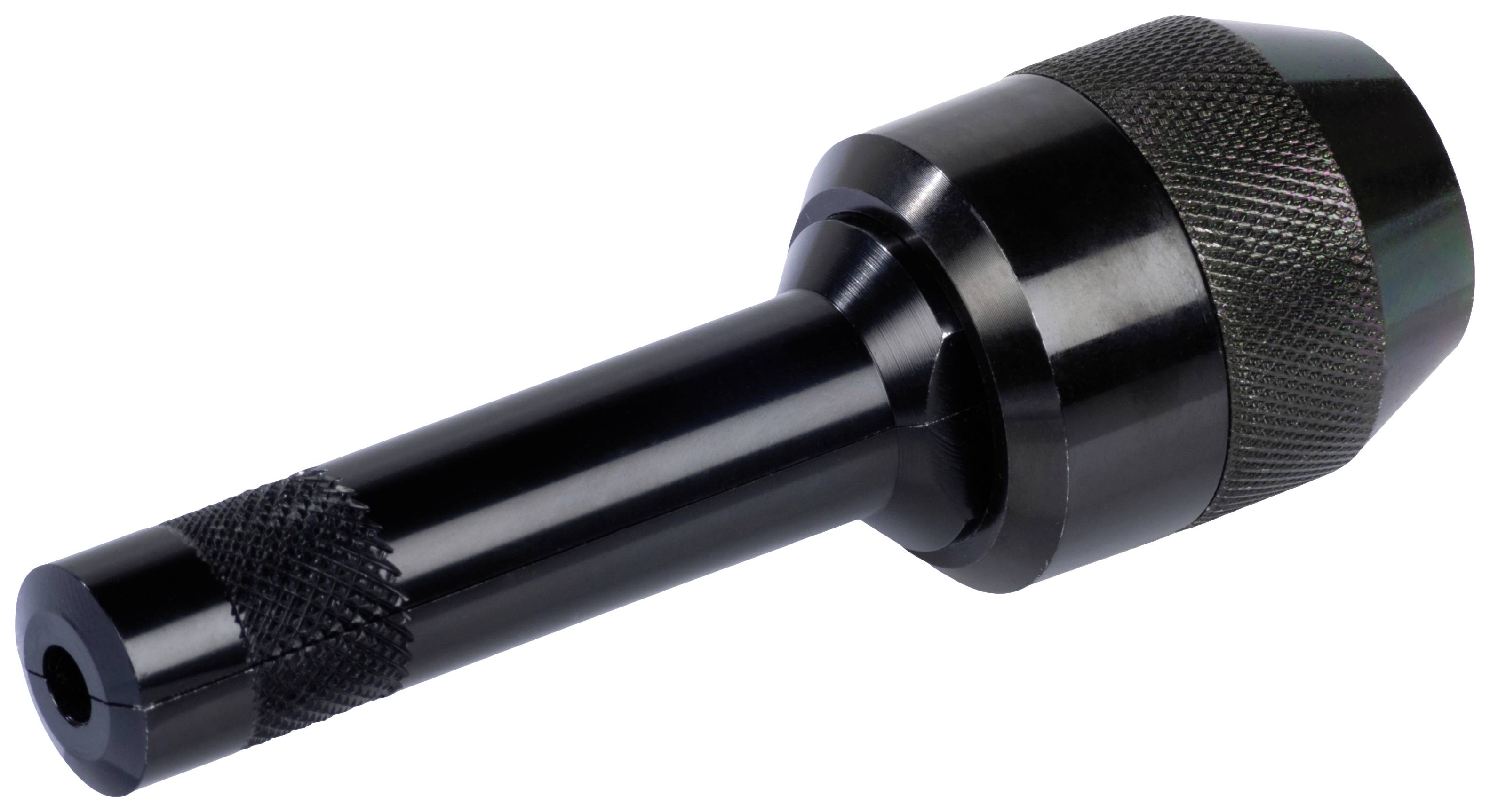 Czarny metalowy uchwyt wiertarski z prążkowanym uchwytem i cylindrycznym trzpieniem.