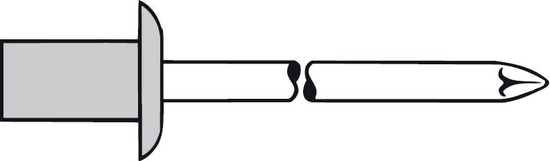 Prosty, schematyczny przekrój pękniętego nitu z uszkodzonym trzonem i złamanym czubkiem.