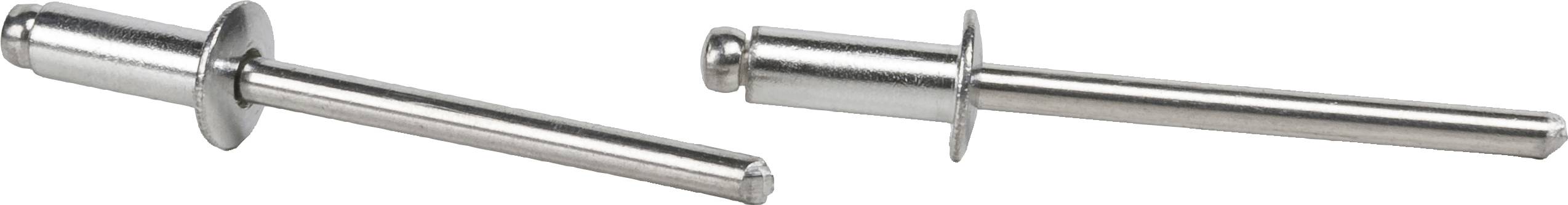 Dwa srebrne nity ślepe, jeden po lewej stronie skierowany główką w prawo, drugi po prawej stronie skierowany główką w lewo.